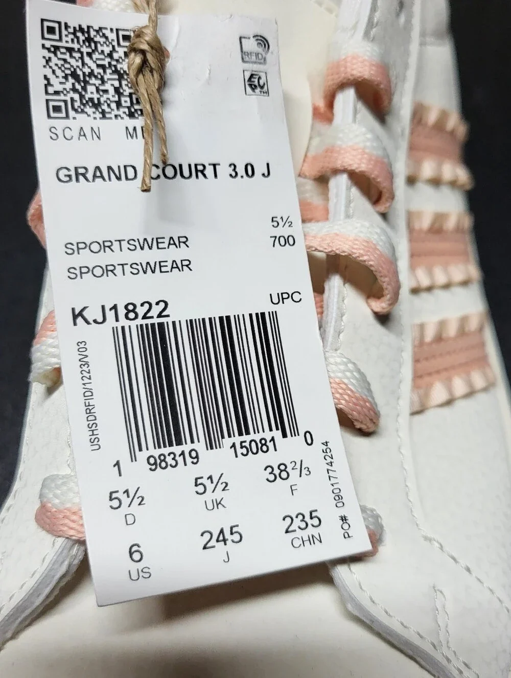 *NEW* Adidas Grand Court 3.0 J Shoes Frills White Pink Size Kid's 6 Women's 7